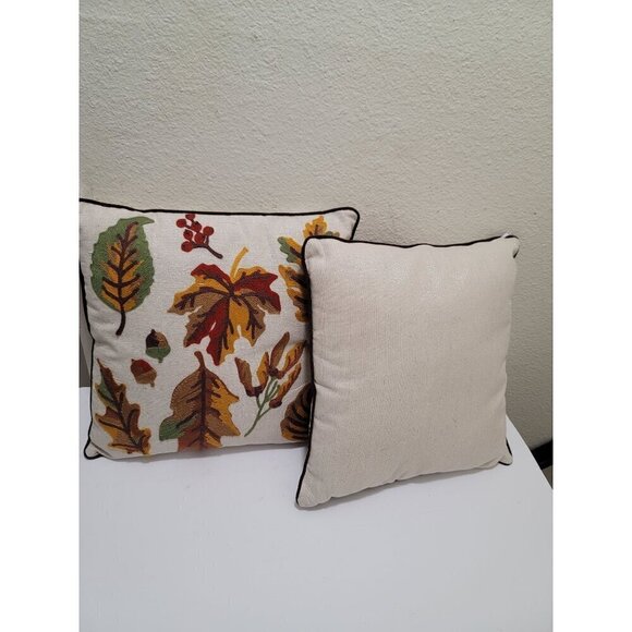 Set Of 2 Autumn Embroidery Leaf Pattern Throw Pillow Covers With Piping 16" Squa - Picture 3 of 6